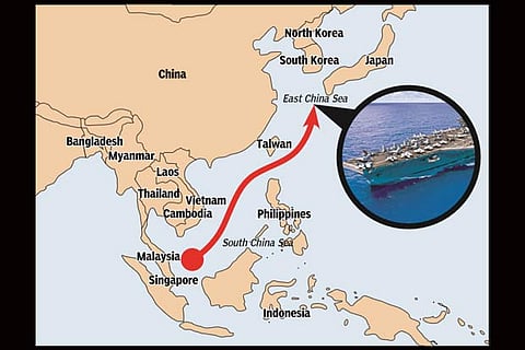 The map shows the aircraft carrier?s path to the Korean peninsula