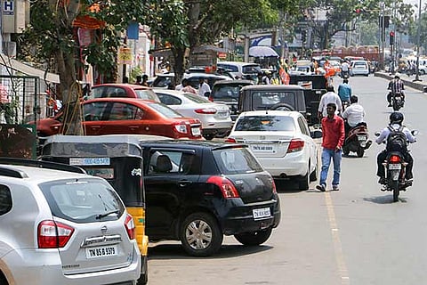 File photo of unauthorised parking on a stretch at RK Nagar