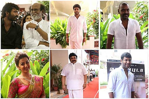 (Top)Dhanush, Rajinikanth, Vikram Prabhu and Raghava Lawrence (Bottom)Nikki Galrani, Prabhu, Vishal