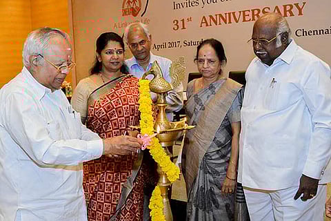 Industrialist Nalli Kuppusamy Chetty, MP Kanimozhi, Dr Lakshmi Vijayakumar and Justice AR Lakshmanan