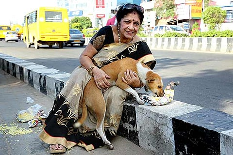 Prabha feeding a stray dog with a meal prepared by her