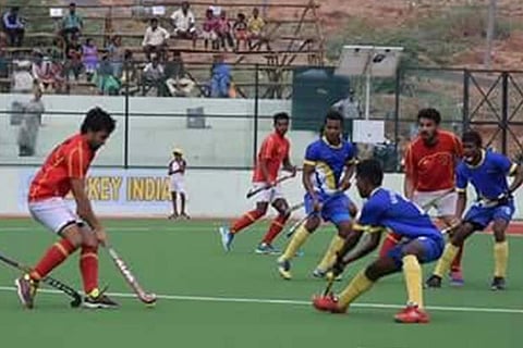 Action during the Kovilpatti hockey tournament