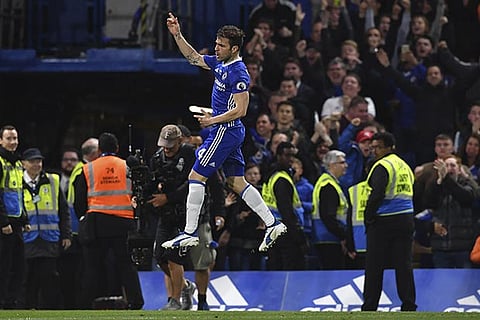 Cesc Fabregas celebrates after scoring Chelsea?s fourth goal