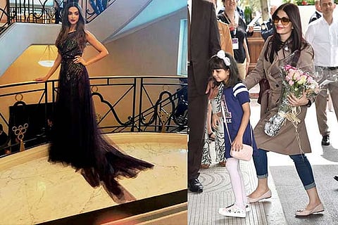 (L) Deepika Padukone and (R) Aishwarya arrives at Cannes with daughter Aaradhya