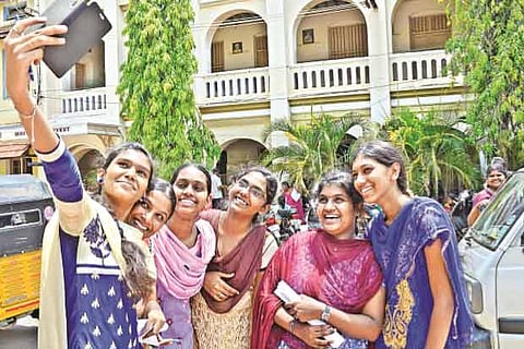Jubilant students at Holy Cross Higher Secondary School, Tiruchy