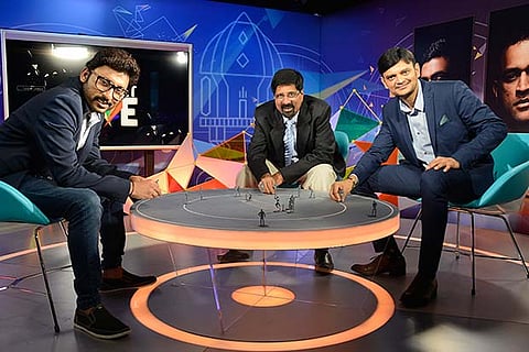 RJ Balaji, K Srikkanth and H Badani at the Star Sports 1 Tamil studio in Mumbai
