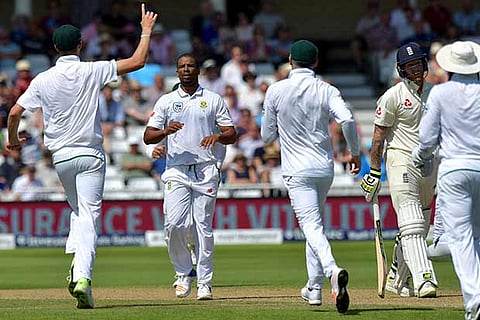 South Africa?s Vernon Philander (centre) is elated after dismissing Ben Stokes
