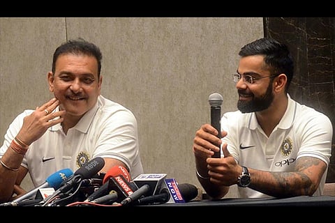 Newly-appointed Indian head coach Ravi Shastri and men's team captain Virat Kohli