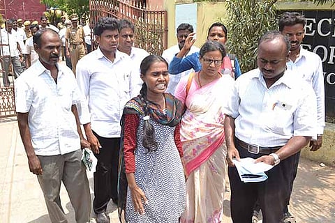 Valarmathi speaks to reporters after coming out of Tiruchy prison