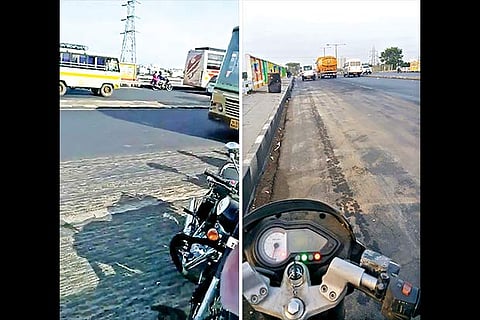 The milled road (L) and the stretch after it was repaired