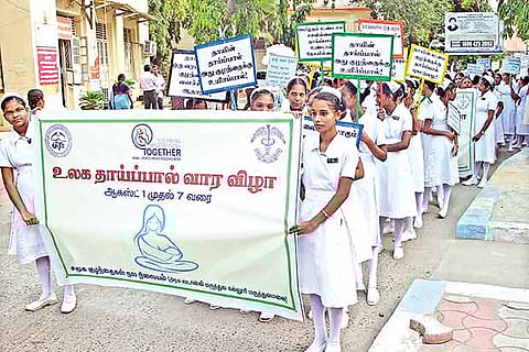 Stanley Medical College students create a human chain to commemorate the start of Breastfeeding week