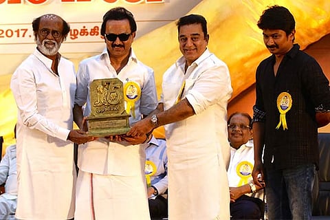 (L-R) Rajinikanth, MK Stalin, Kamal Haasan and Udayanidhi Stalin (Photo: Manivasagan N)