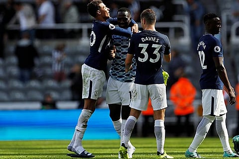 Tottenham's Dele Alli, Moussa Sissoko and Ben Davies celebrate at the end of the match