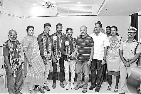 G Lakshmanan, Arokiarajiv and Mohan Kumar were felicitated by Tamil Nadu Athletic Association