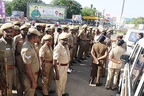 A pose of police personnel deployed in Pudukkottai town on Friday
