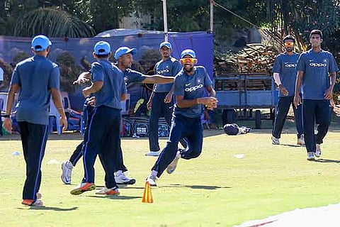 Players of the Board President?s XI take part in a training session on the eve of its tour match aga