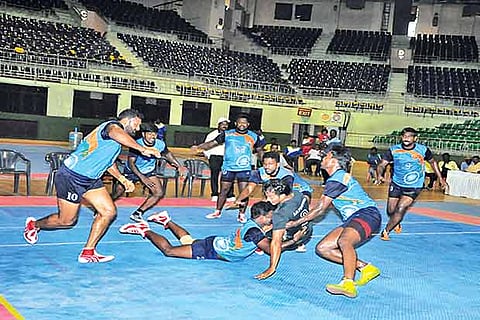 Action during Tamil Nadu versus Gujarat in the All India Postal Kabaddi tournament on Thursday