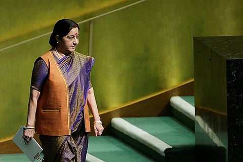 Indian External Affairs Minister Sushma Swaraj arrives to address the 72nd UN General Assembly