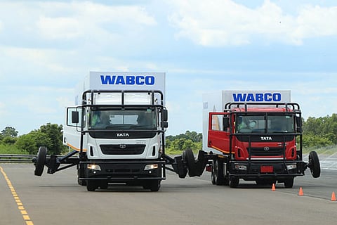 Trucks showcase the advanced safety features of the ESC technology on the proving grounds of Wabco