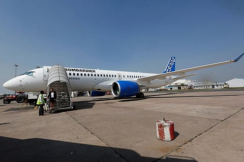 Bombardier?s C-series aircraft is pictured at an airport during its static demo event in New Delhi
