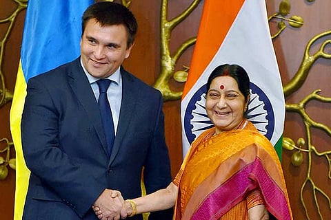 External Affairs Minister Sushma Swaraj (R) and her Ukrainian counterpart Pavlo Klimkin