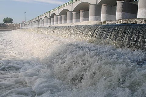 Water gushing out of the sluices of the Kallanai in Thanjavur