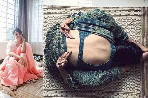 Swathy Jagannathan (L); The Yogini performing yoga draped in one of her creations