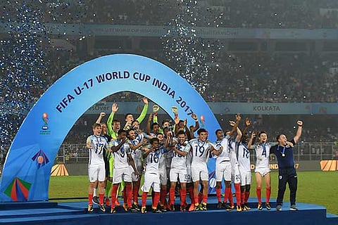 England's players celebrate after winning the final FIFA U-17 World Cup