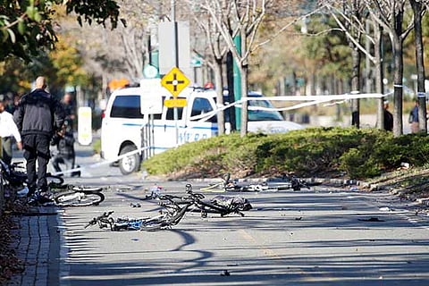 Multiple bikes are crushed along a bike path in lower Manhattan in New York, NY, US