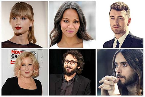 (Clockwise) Taylor Swift, Zoe Saldana, Sam Smith, Jared Leto, Josh Groban and Bette Midler