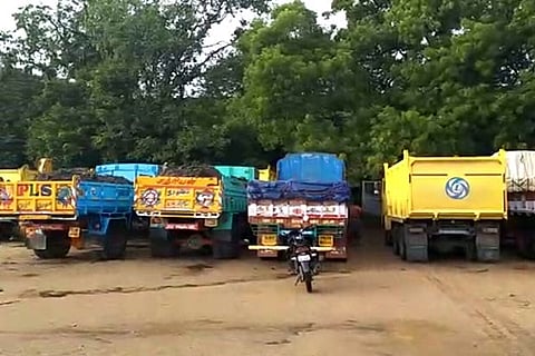 Some of the seized lorries at the Kancheepuram revenue office