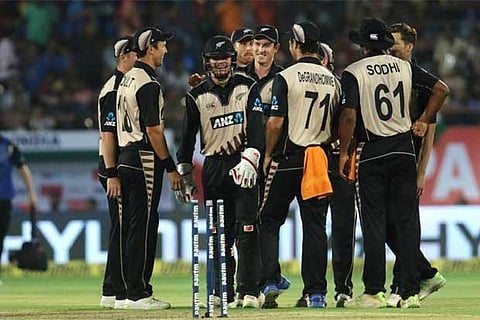New Zealand players celebrates the prized wicket of Virat Kohli