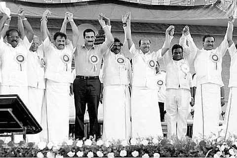 Founder of Pattali Makkal Katchi Dr S Ramadoss (C), Dr Anbumani Ramadoss and other cadre.(File photo