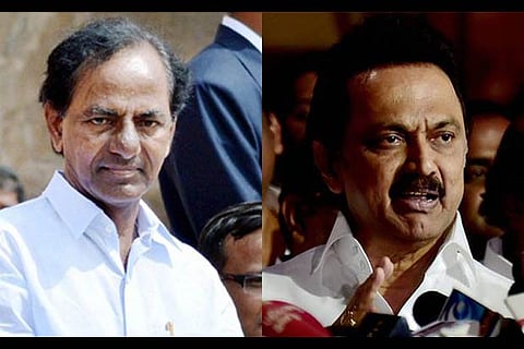 Telangana Chief Minister K Chandrasekhar Rao (L); DMK Working President MK Stalin (R)