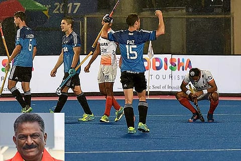 Argentina players are jubilant after beating India in the HWL (Insert: Baskaran)