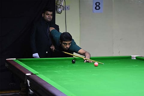 Dilip Kumar in action against Vinod Shanmugam on the first day of the National Six Red Snooker in Ch