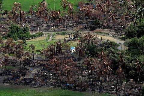 Aerial view of a burned Rohingya village near Maungdaw, north of Rakhine state, Myanmar