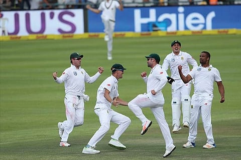 South Africa celebrate the win during day four of the first Test match
