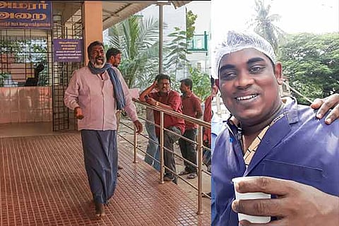 K Manavalan, Praveen?s father, coming out the Madras Medical College mortuary; (R) Praveen Kumar