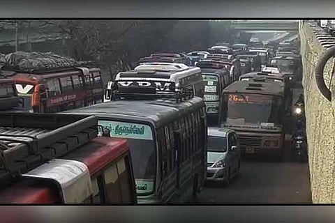 Government and omni buses were stuck on the GST Road for several hours on Wednesday