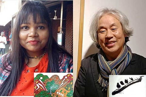 (L) Artist Japani Shyam with one of her Gond painting; (R)Song Dong Ock and his artwork