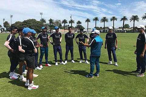 Members of the India U-19 World Cup squad with coach Rahul Dravid