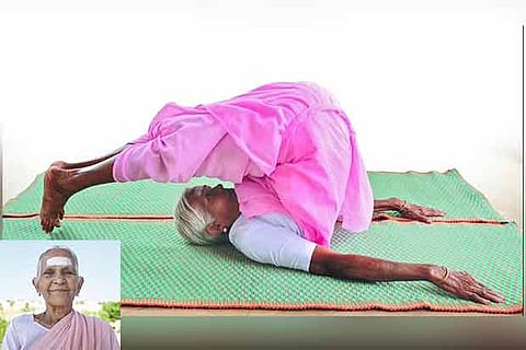 V Nanammal (inset) shows how to perform Halasana