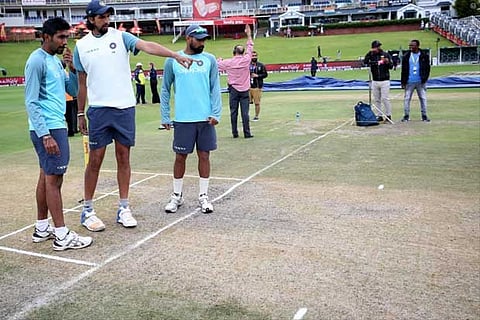 Fast bowlers Bumrah, Sharma and Shami check out the pitch before the 4th day of the third Test match