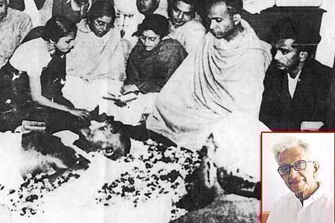 The mortal remains of Mahatma Gandhi (Inset: Venkita Kalyanam)