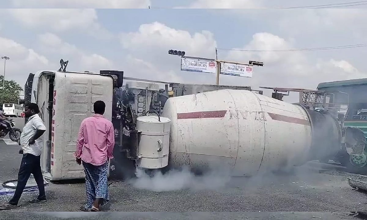 Tanker truck carrying 30 tonnes of concrete mix overturns on Bengaluru ...