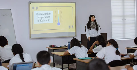 A robot teaching lessons at Indus International School