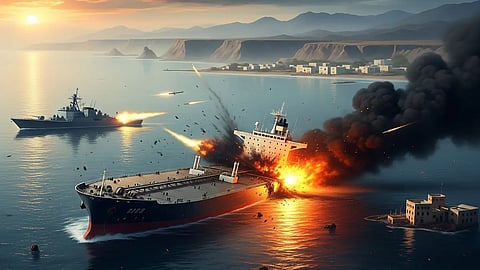 A burning oil tanker under missile attack off a mountainous coast at sunset, with a warship in the distance and thick smoke billowing