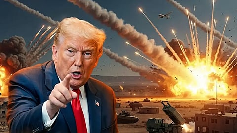 Donald Trump is pointing forward against a backdrop of intense explosions and missiles being fired in a war-torn desert landscape