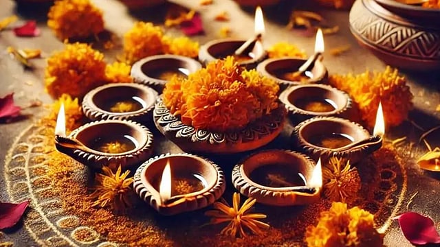 New year decoration with diya, flower